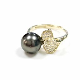 [FEUILBG] BAGUE FEUILLES ZIRCONS ET PERLE, Ajustable - vermeil (plaqué or sur argent)