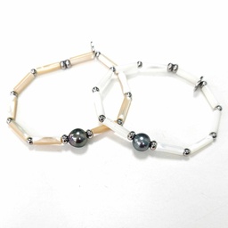 [SPAGA] BRACELET ELASTIQUE PERLE ET NACRE ACIER - BLANC OU BEIGE