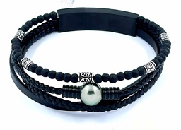 [BRMRNEW] BRACELET HOMME MULTIRANGS CUIR, APPRET ACIER ET PERLE