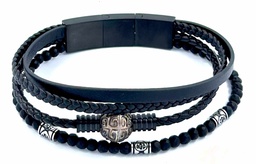 [BRMRNEWG] BRACELET HOMME MULTIRANGS CUIR, APPRET ACIER ET PERLE GRAVEE