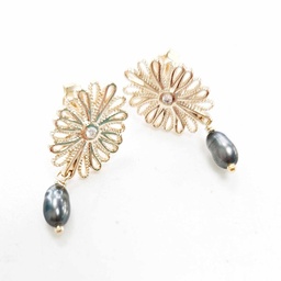 [FLEURK] BOUCLES D OREILLES FLEUR ZIRCON ET KEISHI -plaqué or