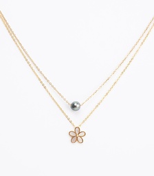[2COFLP] COLLIER DOUBLE RANG PERLE ET FLEUR NACREE - acier doré