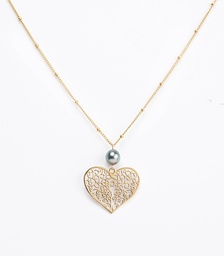 [COEURCO] COLLIER COEUR AJOURE ET PERLE - ACIER DORE