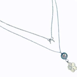 [CONOEU] COLLIER 2 RANGS NOEUD FLEUR ET PERLE - ACIER