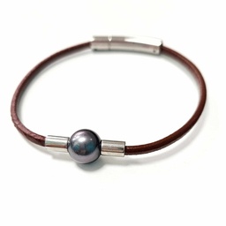 [BRHFC] BRACELET HOMME CUIR FIN MARRON ET PERLE