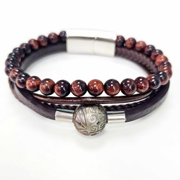 [BRJOSE2] BRACELET MULTI CUIR MARRON AGATE ET PERLE GRAVEE
