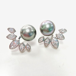 [BODIADAR] BOUCLES D OREILLES DIADEME ZIRCON MODULABLE AVEC PERLE DE TAHITI - ARGENT