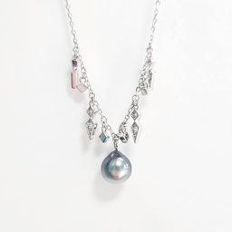 [POINTE] COLLIER BRELOQUES POINTES ZIRCONS &amp; PERLE DE TAHITI - ARGENT