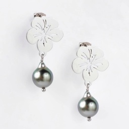 [HIBISTUDS] BOUCLES D OREILLES STUDS HIBISCUS ET PERLE - ACIER GRIS