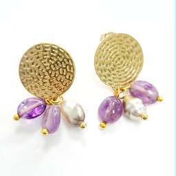 [BOKV] Boucles d'oreilles acier doré estampe + pierres violettes + keishis