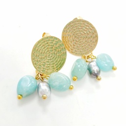 [BOKVT] Boucles d'oreilles acier doré estampe + pierres turquoises + keishis