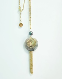 [PDTHIBIS] Pendentif long nacre, hibiscus et perle - acier doré