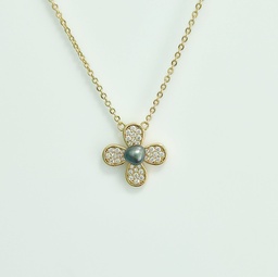 [COF4P] COLLIER PLAQUE OR FLEUR 4 PETALES ZIRCONS ET 1 KEISHI