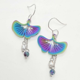 [BOGINKOC] Boucles d'oreilles Ginko chromé et keishis - acier inox
