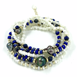 [GFBR60] Bracelet Sautoir nacre, keishis, perle &amp; Lapis lazuli - plaqué or