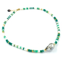 [GFCO63] Collier pierres, nacre et gros keishi - plaqué or