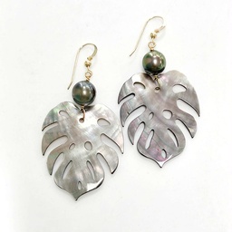 [GNBOU2] Boucles d'oreilles grande nacre APE + perle - plaqué or